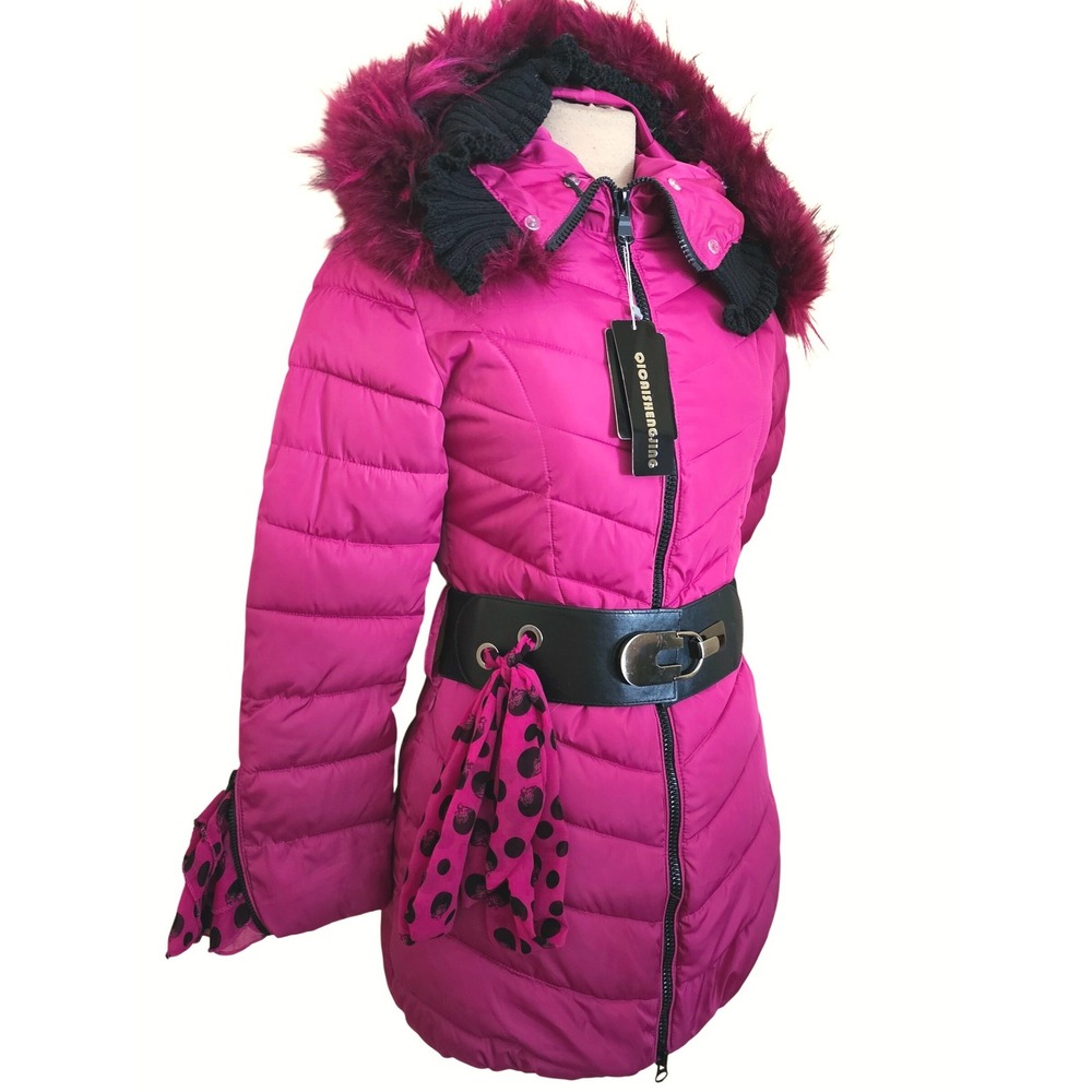 BURGUNDY RED Puffer Coat Faux Fur Hood Belted Scarf‎ Detail KID Size L 12-14